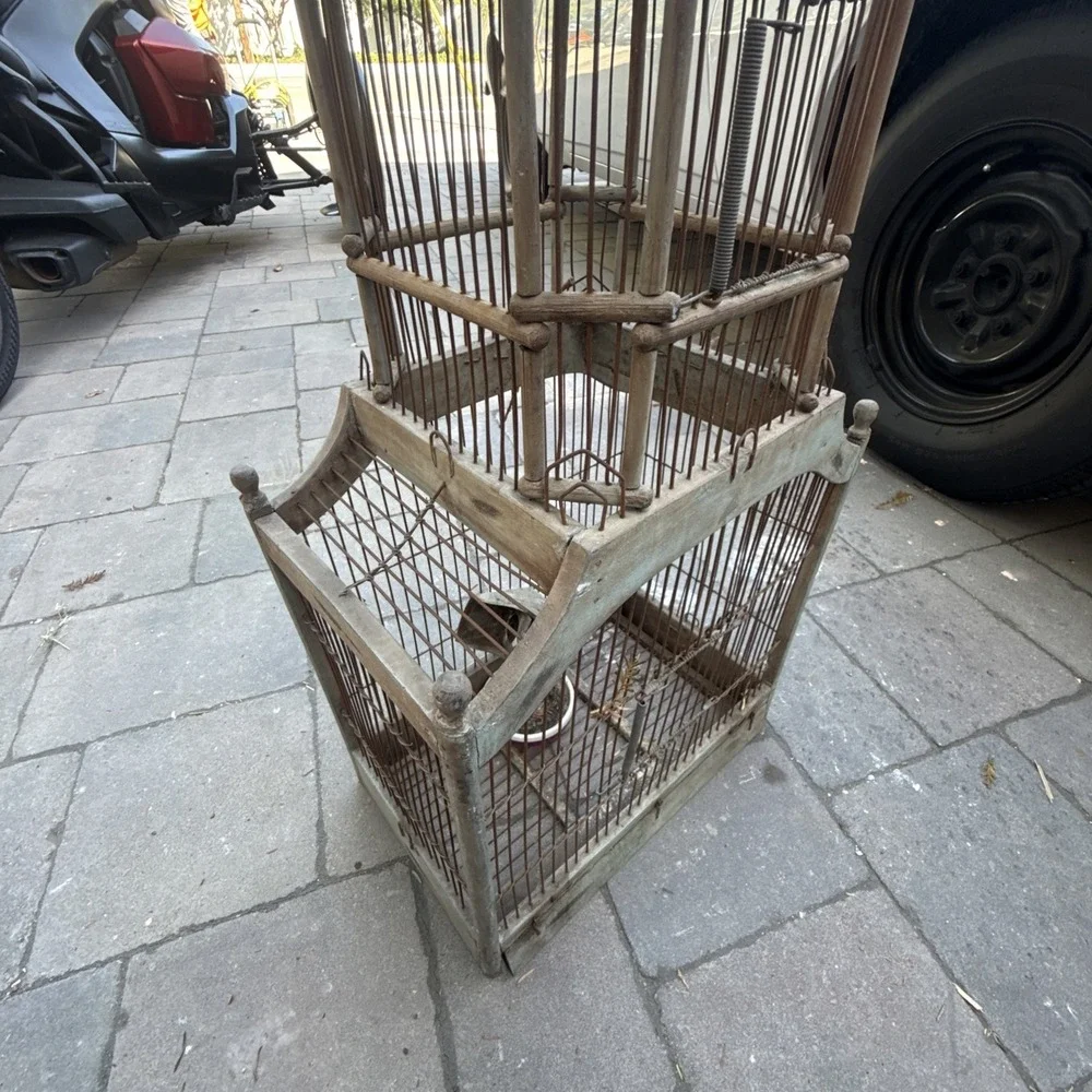 VTG VICTORIAN CATHEDRAL BIRD CAGE WOOD & WIRE MID CENTURY DOME BIRD CAGE 34X14X9